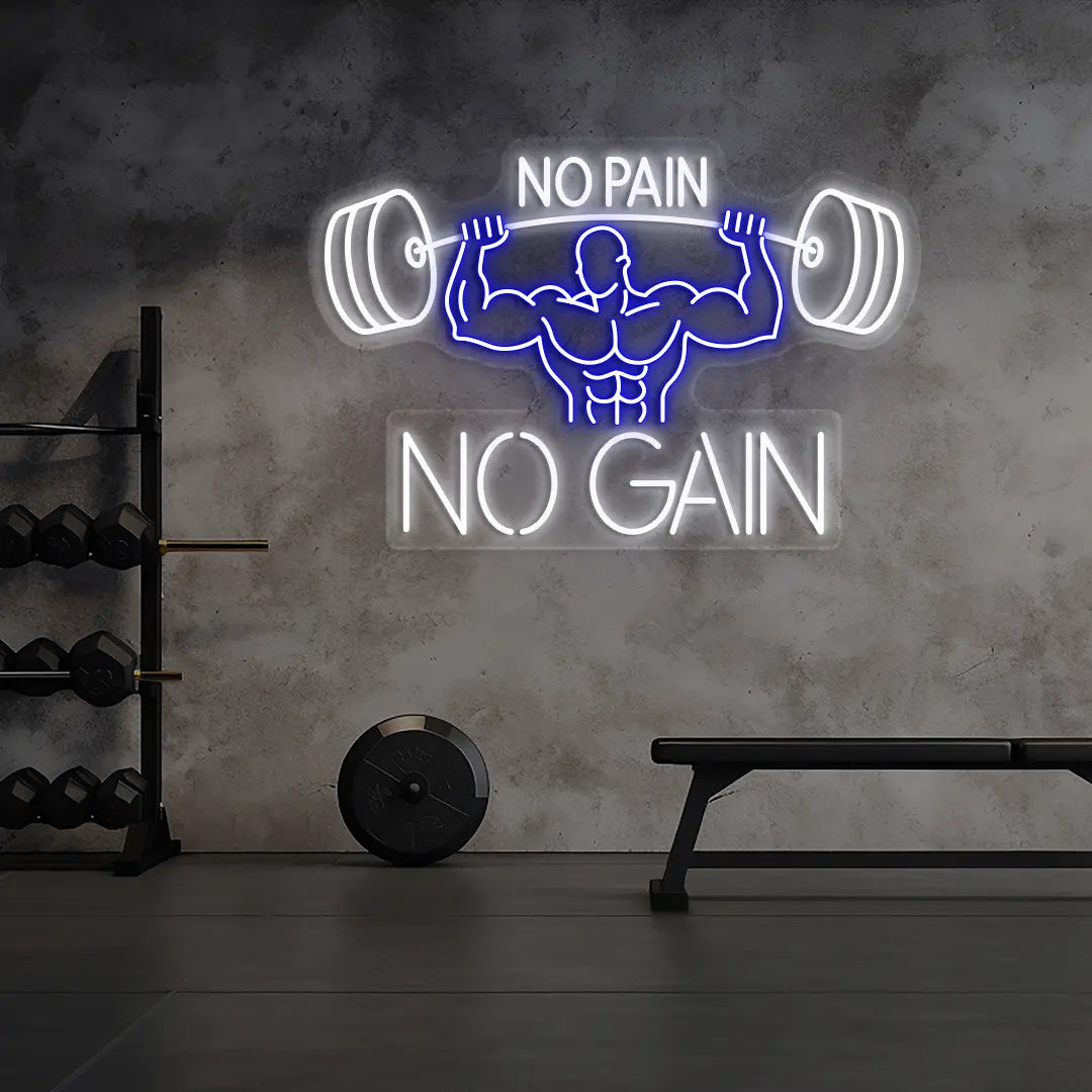 blue and white no pain no gain bodybuilder neon sign mounted on a wall