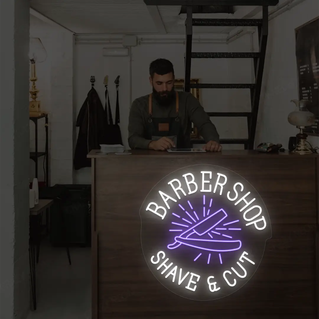 Barber Shop Shave & Cut Neon Sign in White and Purple Colour mounted on wall