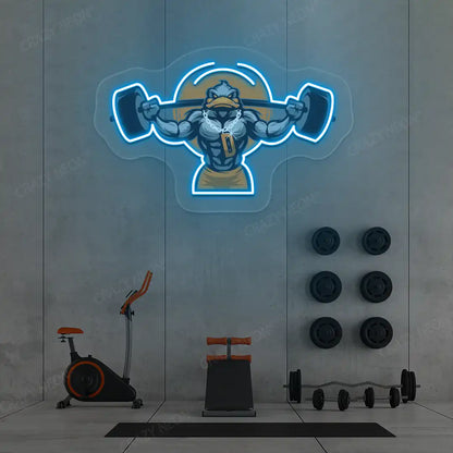ice blue muscular duck powerlifting gym neon artwork mounted on a wall