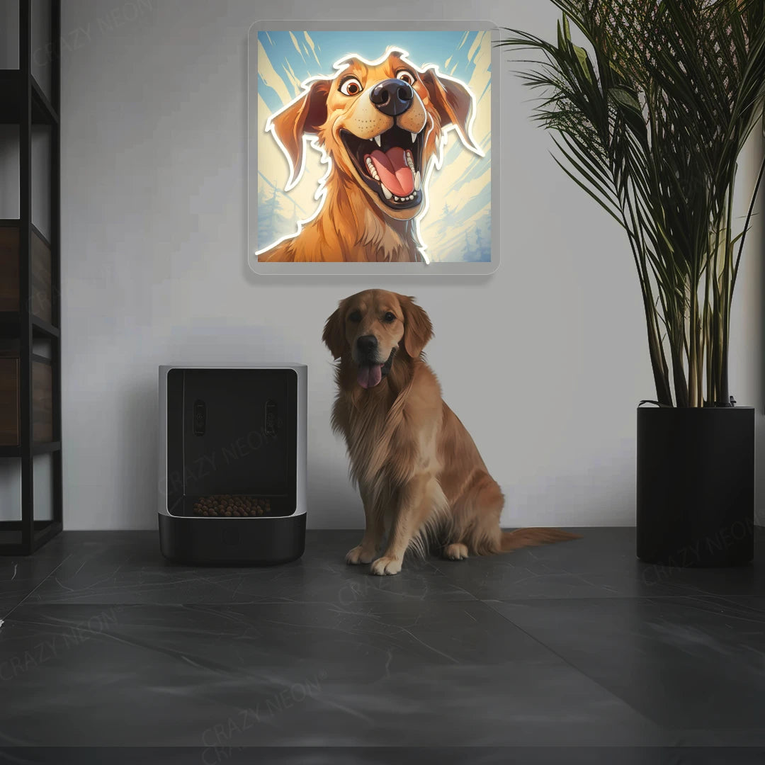 Goofy Smile Golden Retriever Neon Artwork in Warwhite color