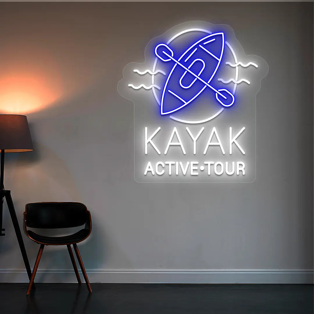 blue and white kayak active tour neon sign mounted on a wall