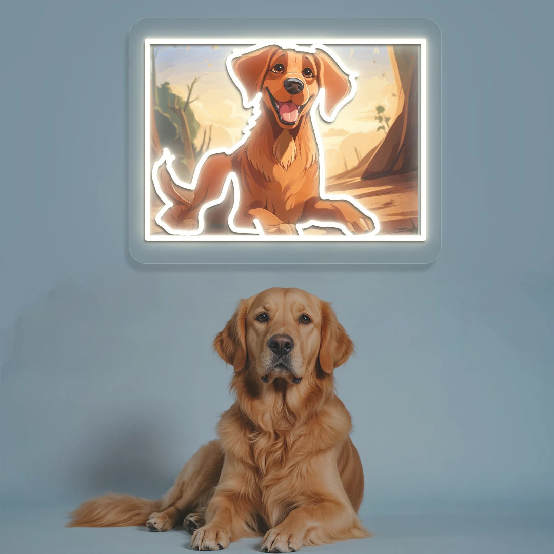 Golden Retriever Portrait Neon Artwork in Warmwhite color
