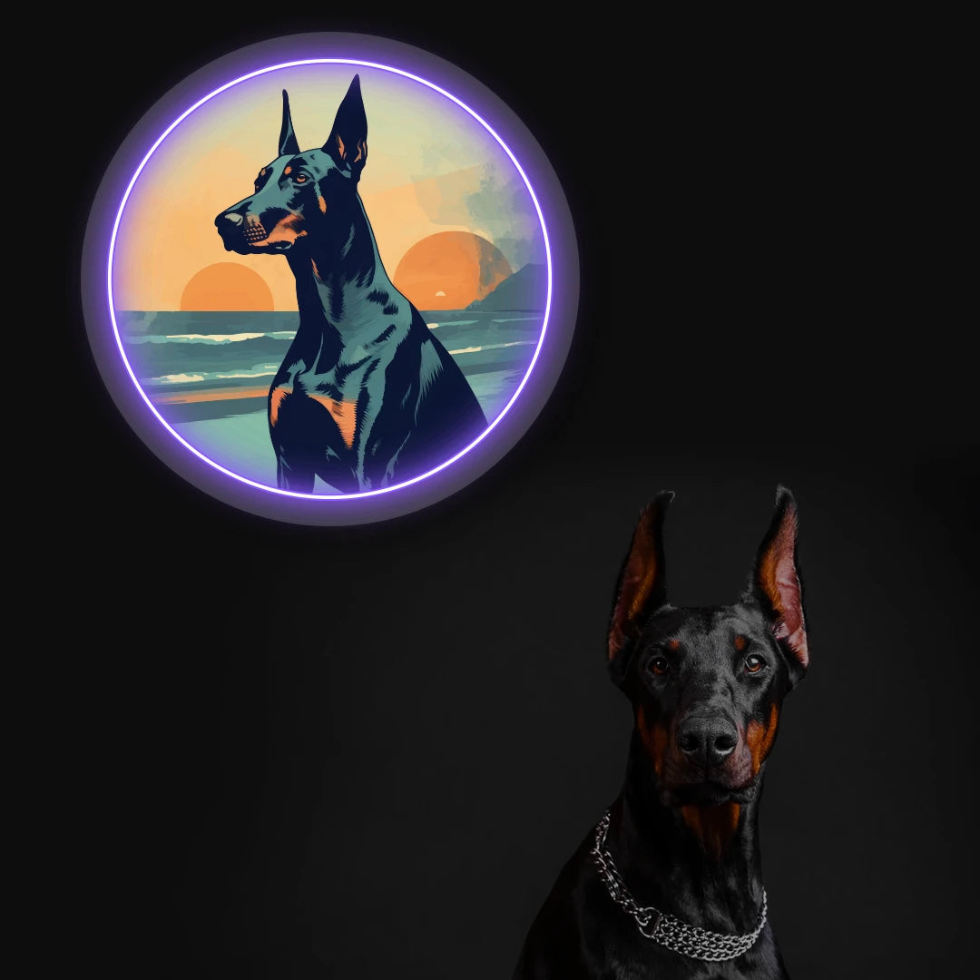 Twin Sunset Beach Doberman Neon Artwork in purple color