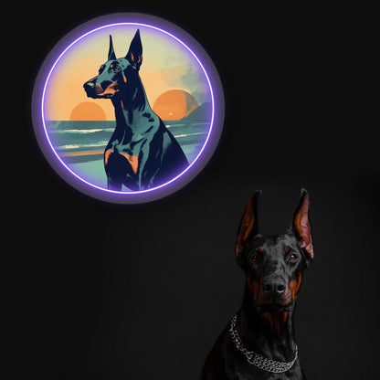 Twin Sunset Beach Doberman Neon Artwork in purple color