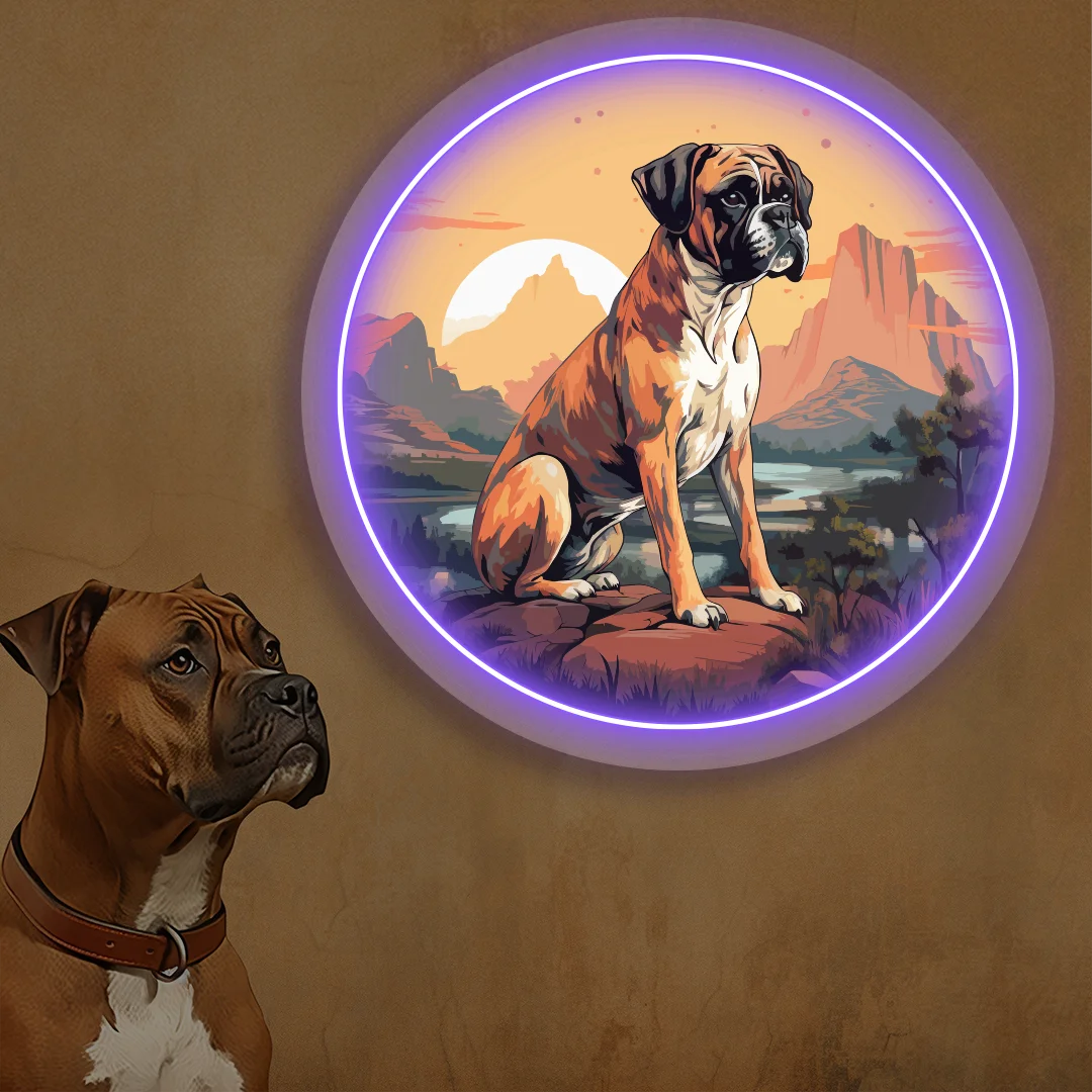 Desert Sunset Boxer Dog Neon Artwork in Purple Color