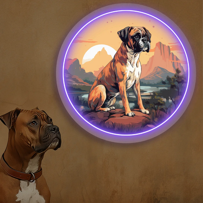 Desert Sunset Boxer Dog Neon Artwork in Purple Color
