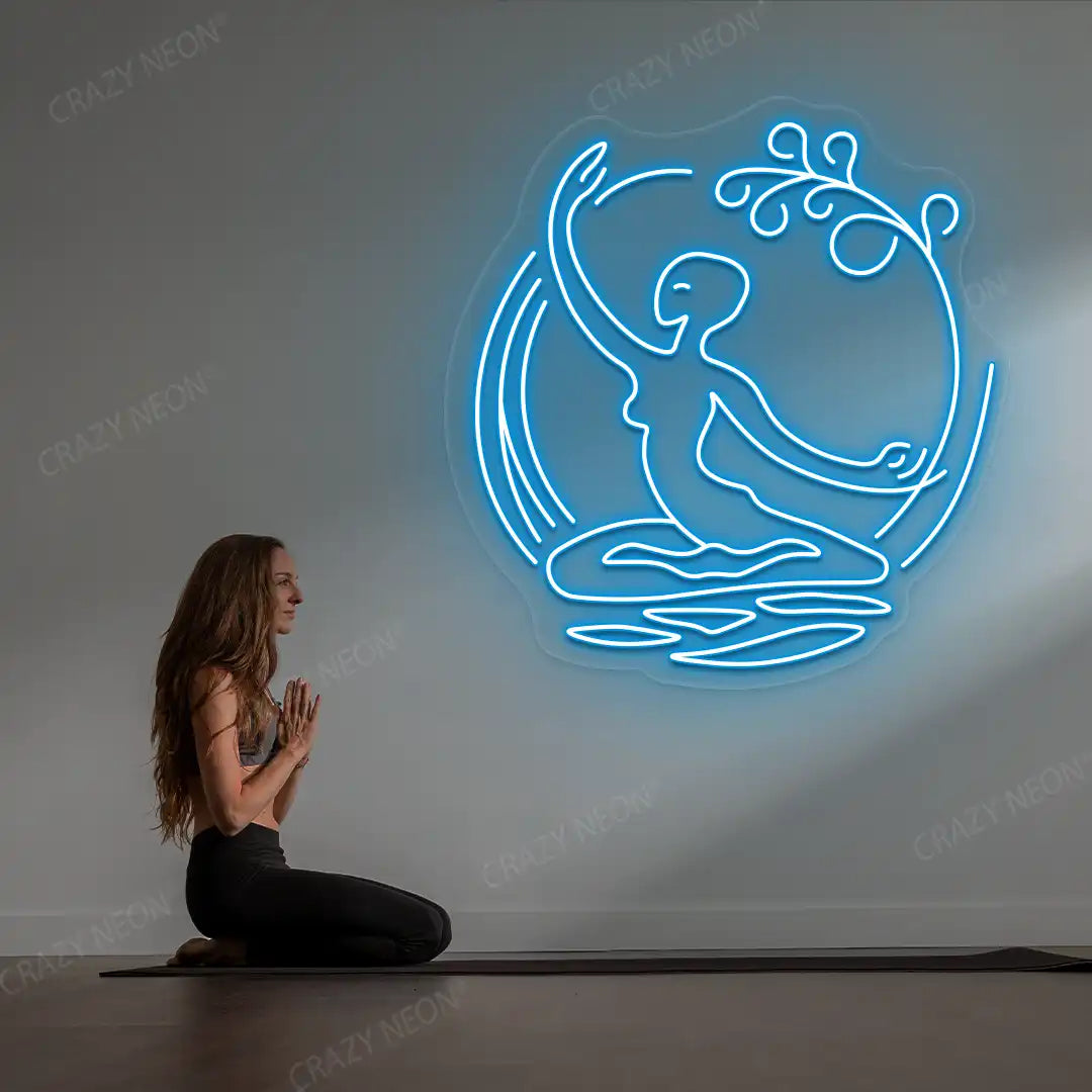 Chi Flow meditation Neon Sign lighting up in iceblue color in a yoga room