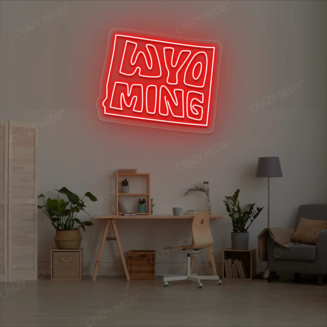 WYOMING Map Neon Sign lighting up in red color in a room