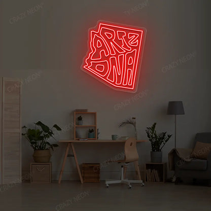 ARIZONA Map Neon Sign lighting up in red color in a room