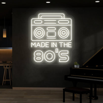 warm white made in the 80s stereo vintage neon sign mounted on a wall