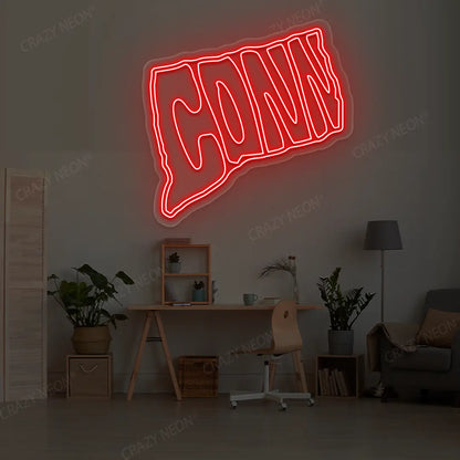 CONNECTICUT Map Neon Sign lighting up in red color in a room