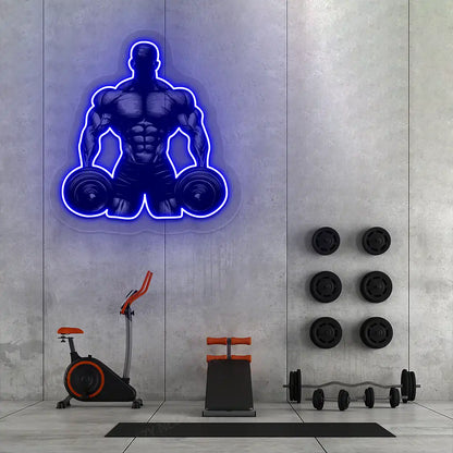 blue muscle man dumbbell gym neon artwork mounted on a wall