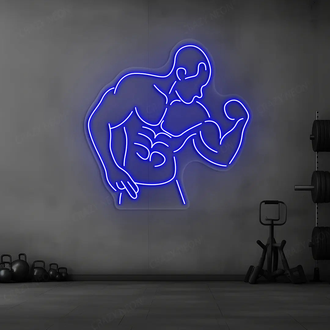 blue muscle man flex neon sign mounted on a wall