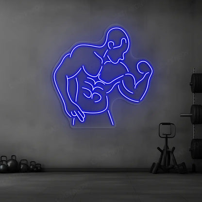 blue muscle man flex neon sign mounted on a wall