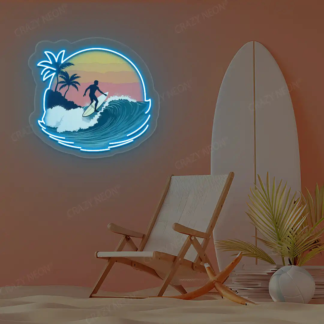 ice blue surfer wave palm tree neon artwork mounted on a wall