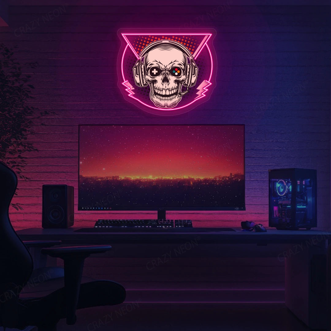 Skull Headphone Gaming Neon Artwork in Pink Color