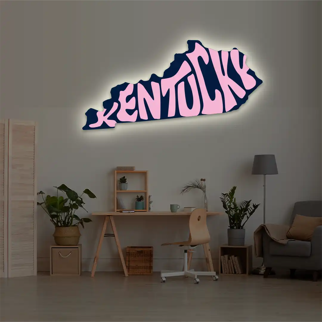 Kentucky map backlit metal wall art vinyl print with warm white LED glow