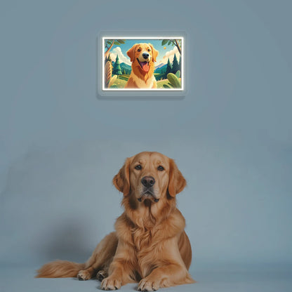 Mountain Trail Golden Retriever Portrait Neon Artwork in warmwhite color