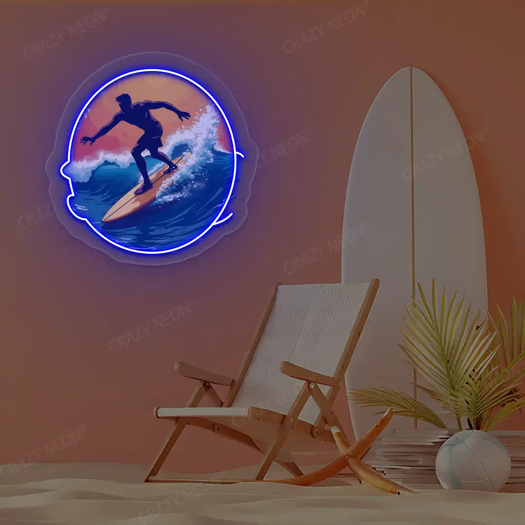 blue surfer catching wave neon artwork mounted on a wall