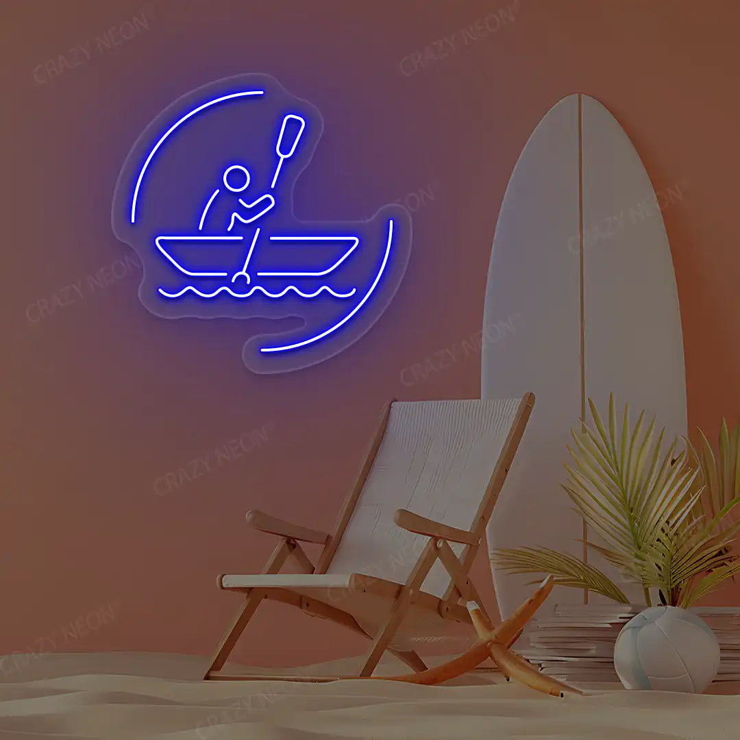 blue solo rowing boat neon sign mounted on a wall
