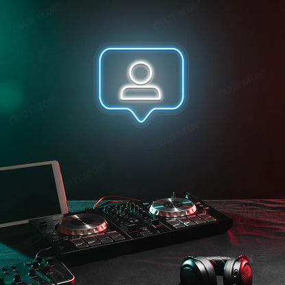 Profile Icon Box Neon Sign in Ice Blue color mounted on a Wall 