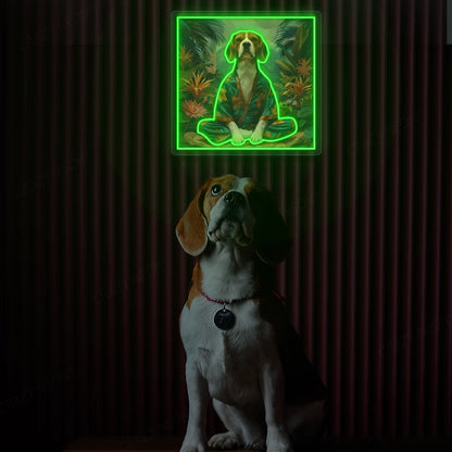 Tropical Zen Beagle Meditation Neon Artwork in Green Color