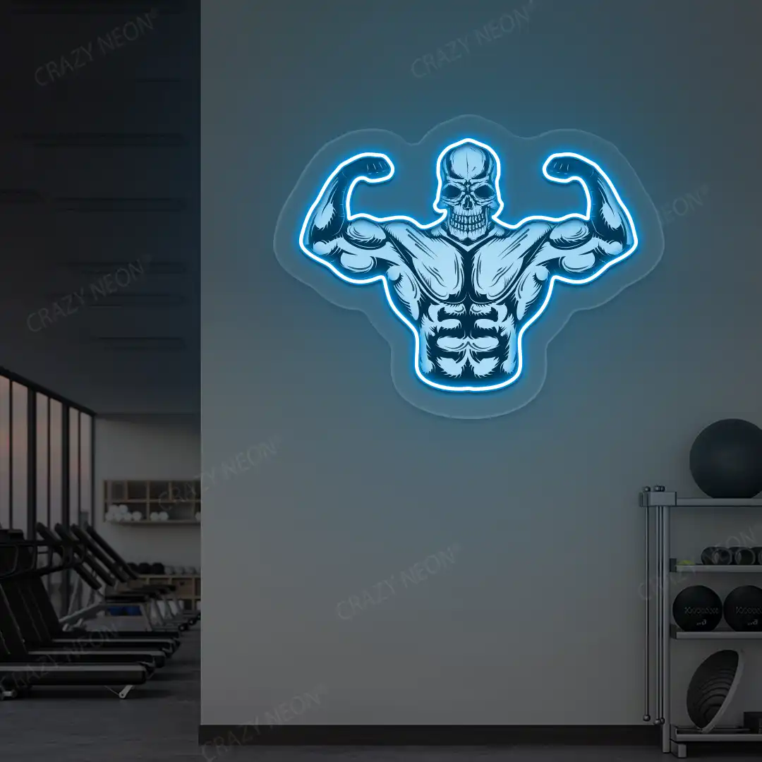 ice blue skull bodybuilder neon artwork mounted on a wall