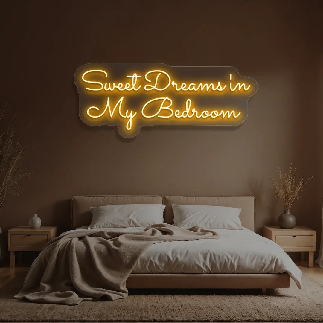 orange sweet dreams in my bedroom neon sign mounted on a wall