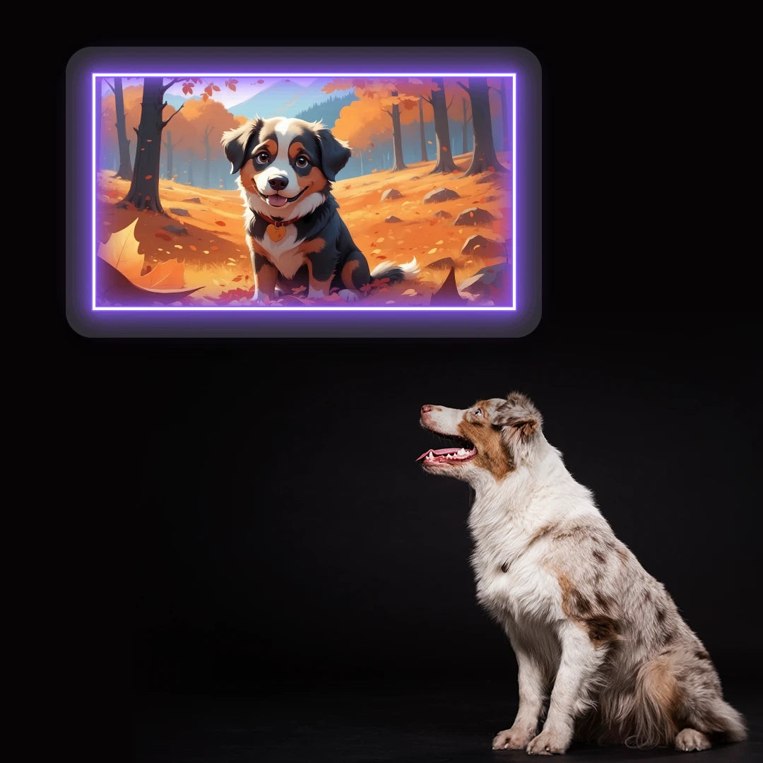 Autumn Forest Australian Shepherd Puppy Neon Artwork in Purple color