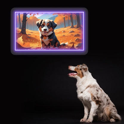 Autumn Forest Australian Shepherd Puppy Neon Artwork in Purple color
