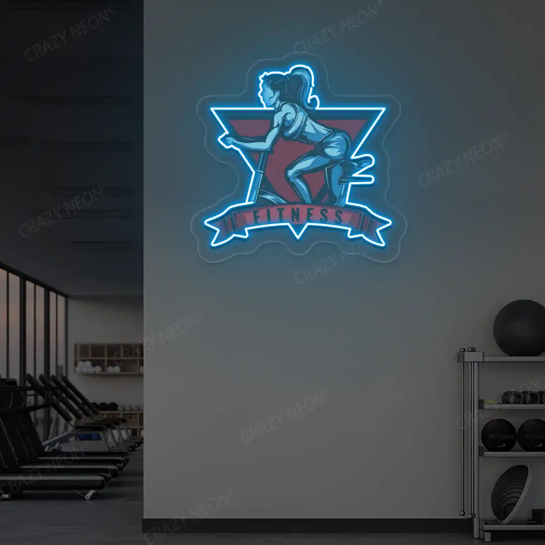 ice blue girl spinning fitness neon artwork mounted on a wall