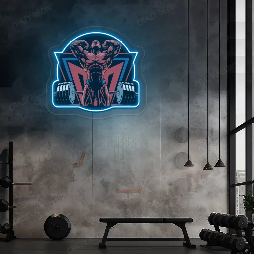 ice blue powerlifter era gym neon artwork mounted on a wall