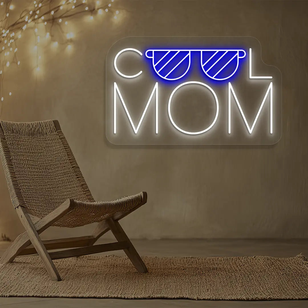 blue and white cool mom trendsetter neon sign mounted on a wall