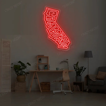 CALIFORNIA Map Neon Sign lighting up in red color in a room