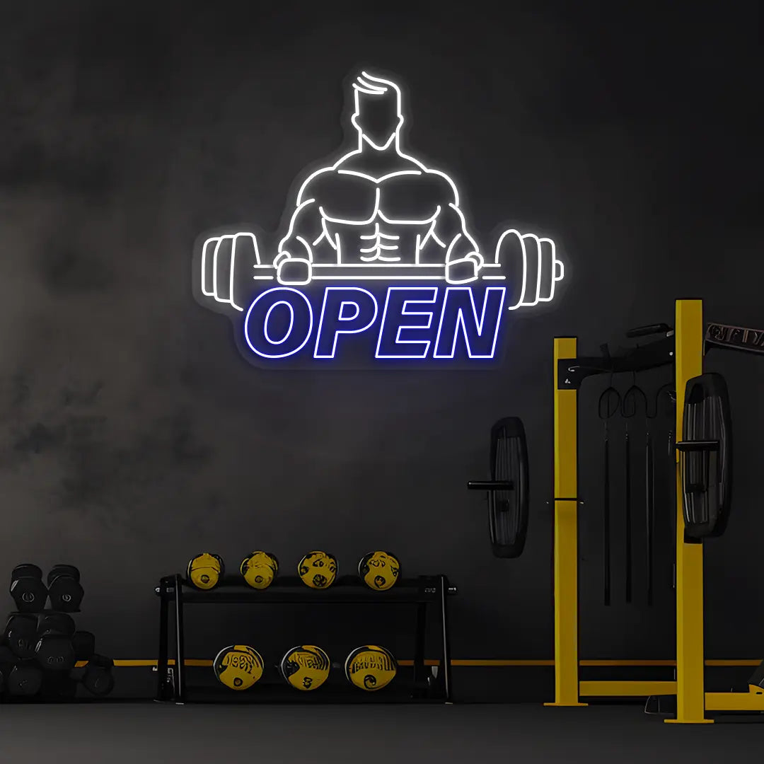 blue and white open gym bodybuilder neon sign mounted on a wall