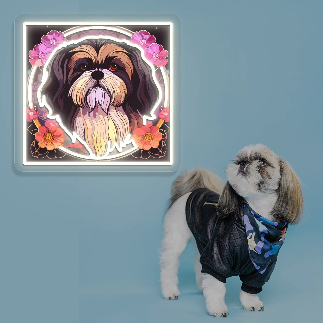 Floral Halo Shih Tzu Portrait Neon Artwork in white color