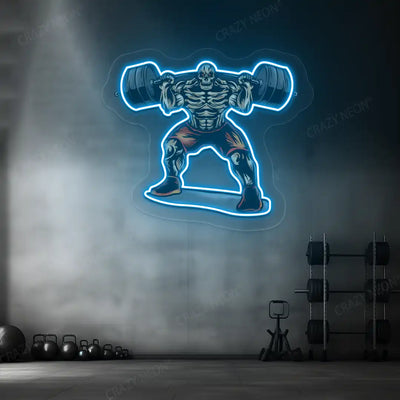 ice blue skull powerlifter gym neon artwork mounted on a wall