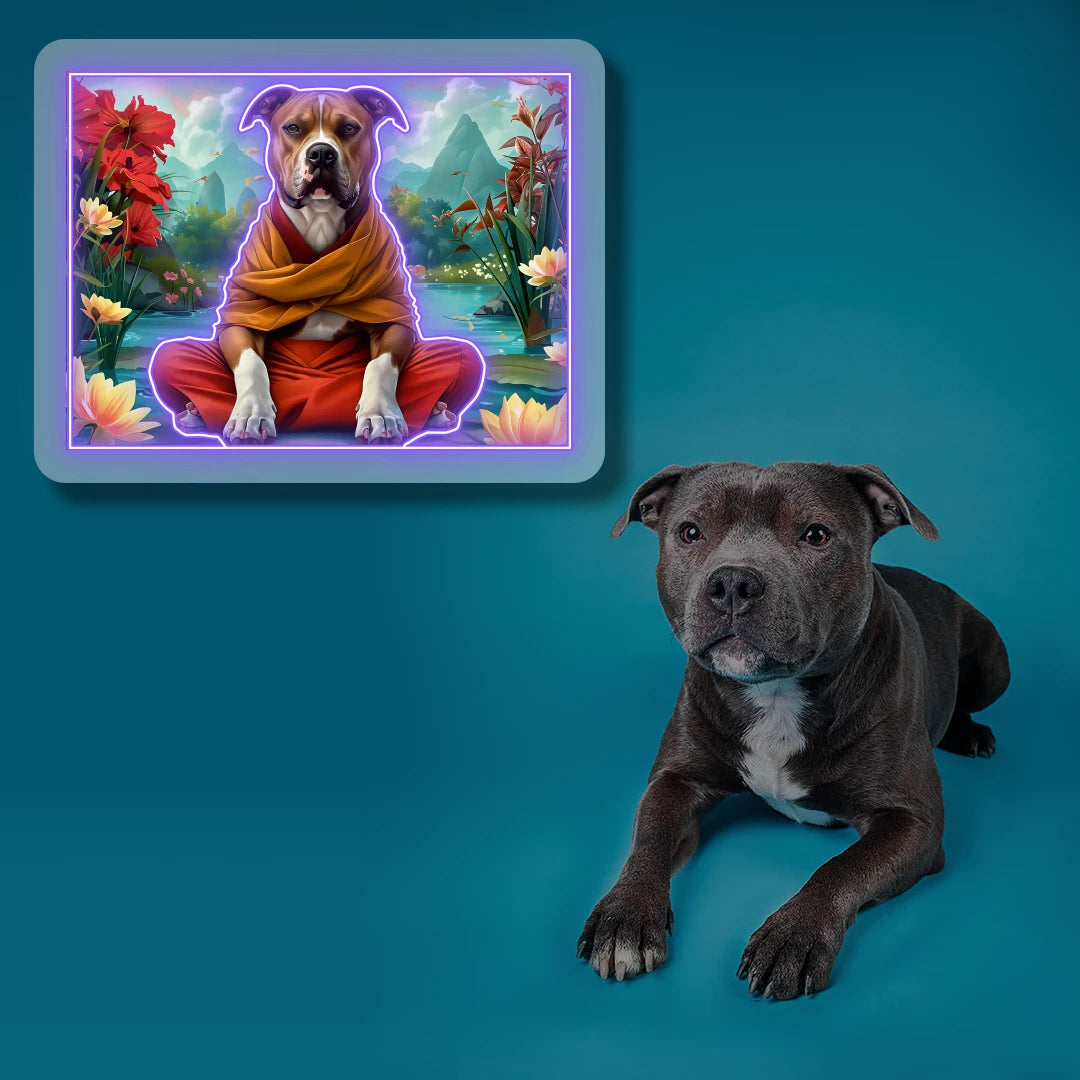 Peaceful Pitbull Monk Scenery Neon Artwork in Purple Color