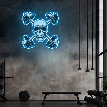 ice blue skull cross dumbbell gym neon artwork mounted on a wall