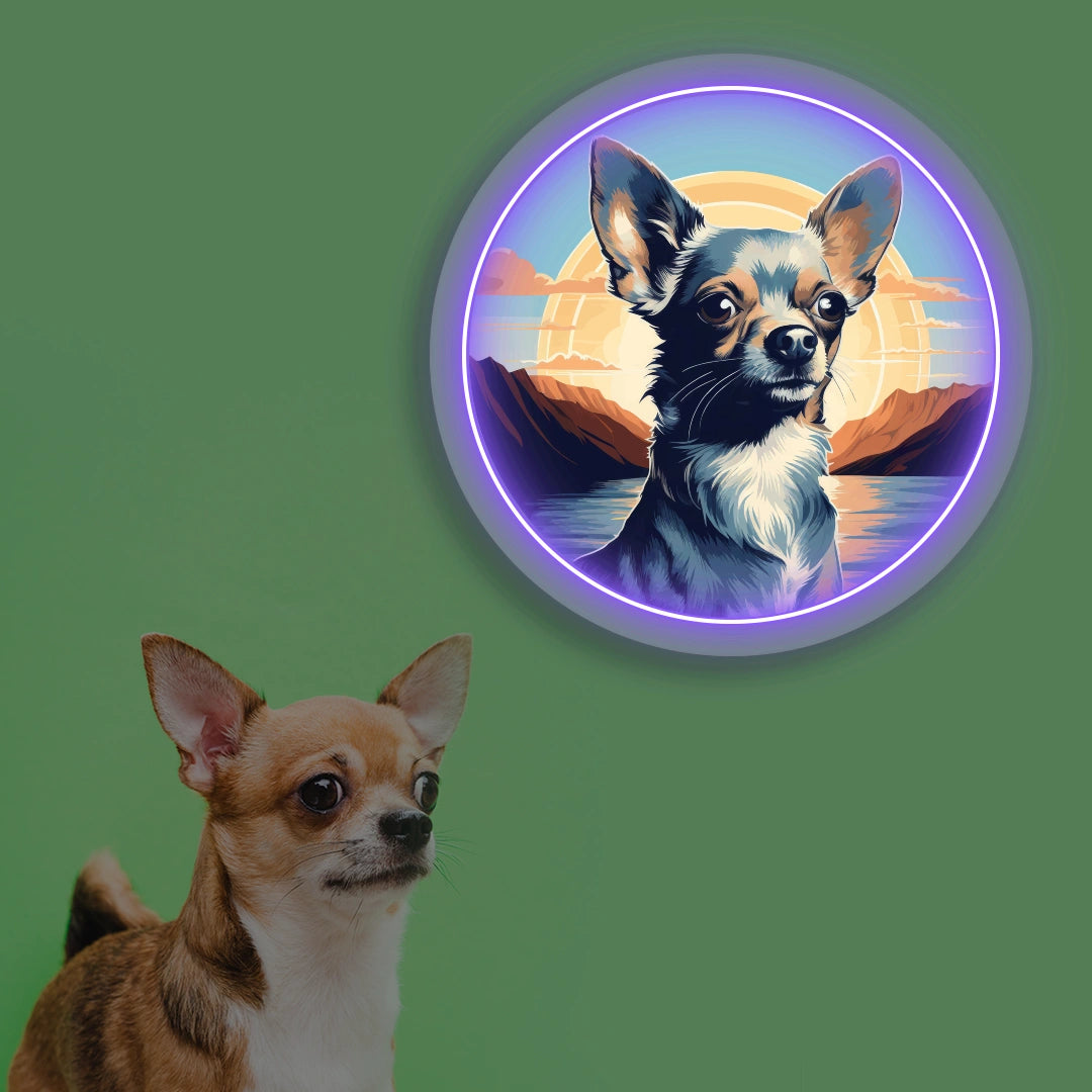 Sunset Lake Chihuahua Portrait Neon Artwork in purple color