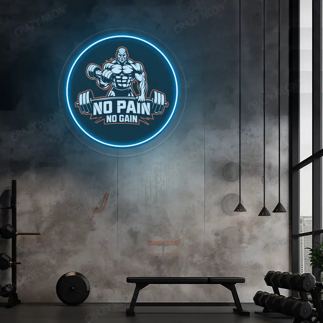 ice blue no pain no gain gym neon artwork mounted on a wall