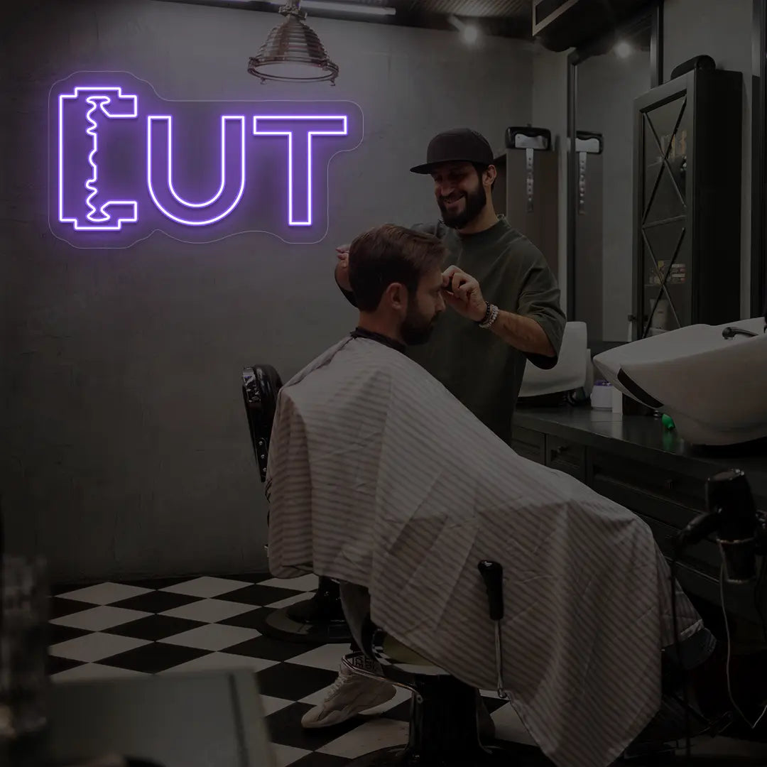 Cut Blade Barber Neon Sign in purple color