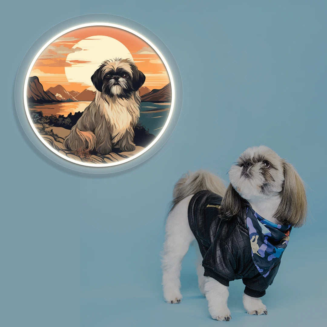 Sunset Lake Shih Tzu Portrait Neon Artwork in warmwhite color