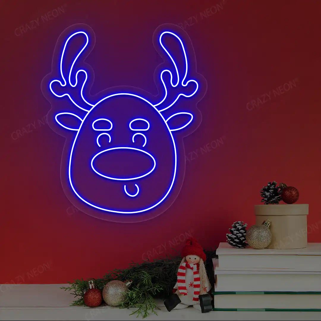 Silly Reindeer Face Neon Sign | Blue