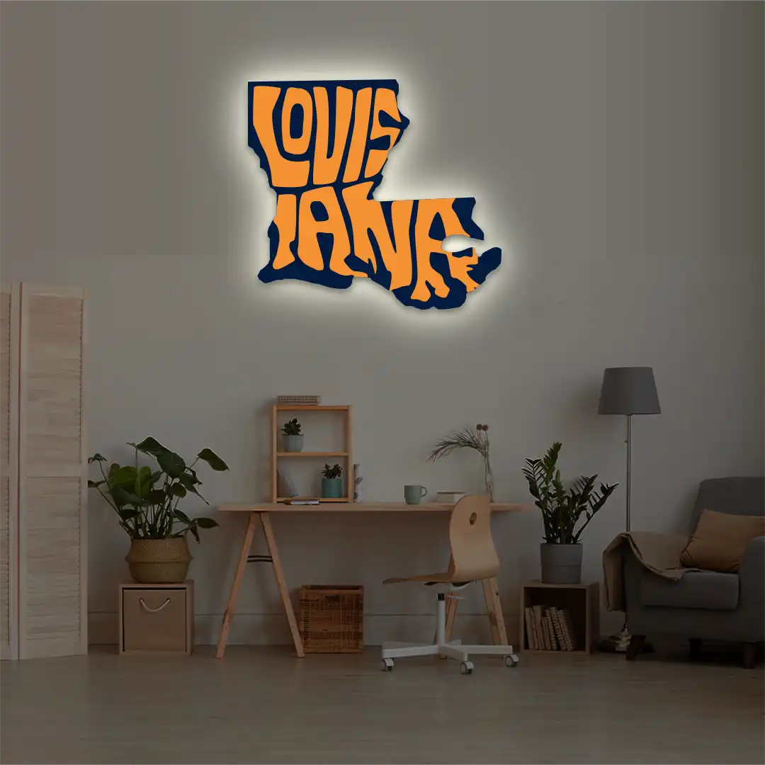 Louisiana map backlit metal wall art vinyl print with warm white LED glow