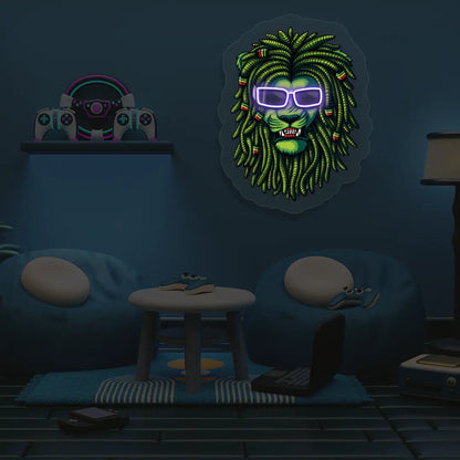 Lion Green Dreadlocks Neon Artwork in Purple color