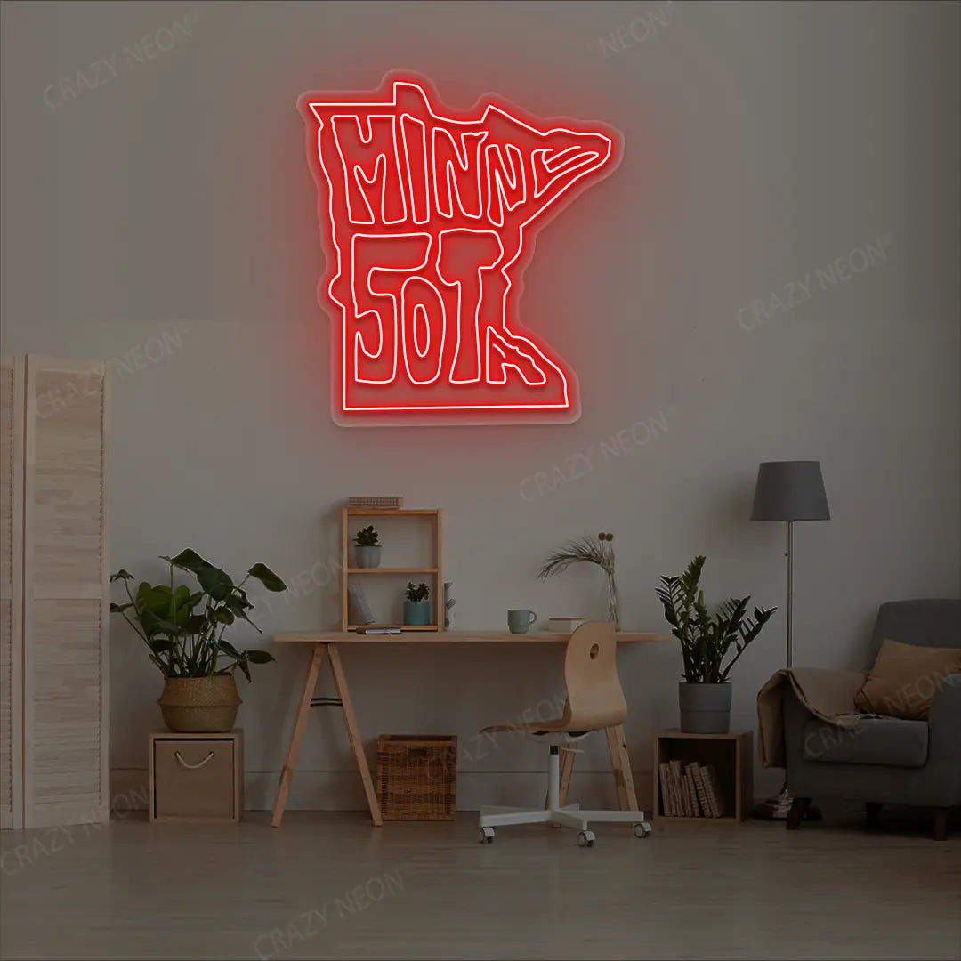 MINNESOTA Map Neon Sign lighting up in red color in a room