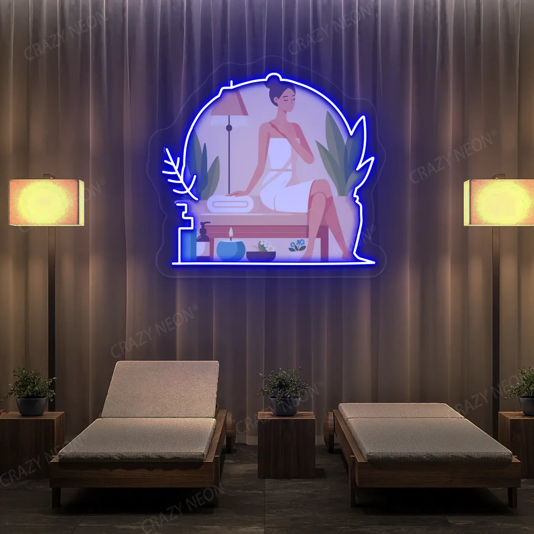 Spa Lounge Neon Artwork lighting up in blue color in a spa room