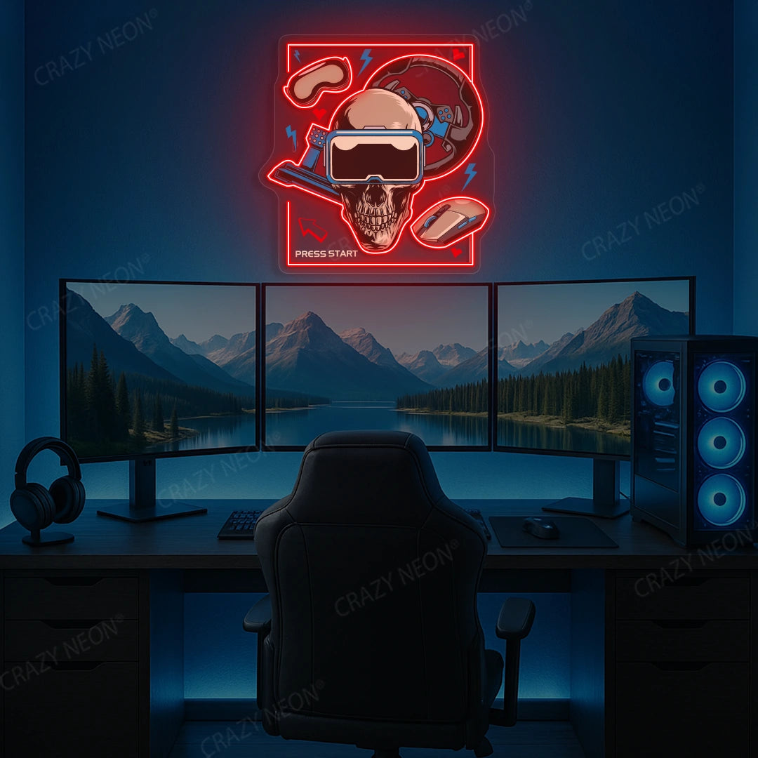 VR Skull Racer Gaming Neon Artwork in red color
