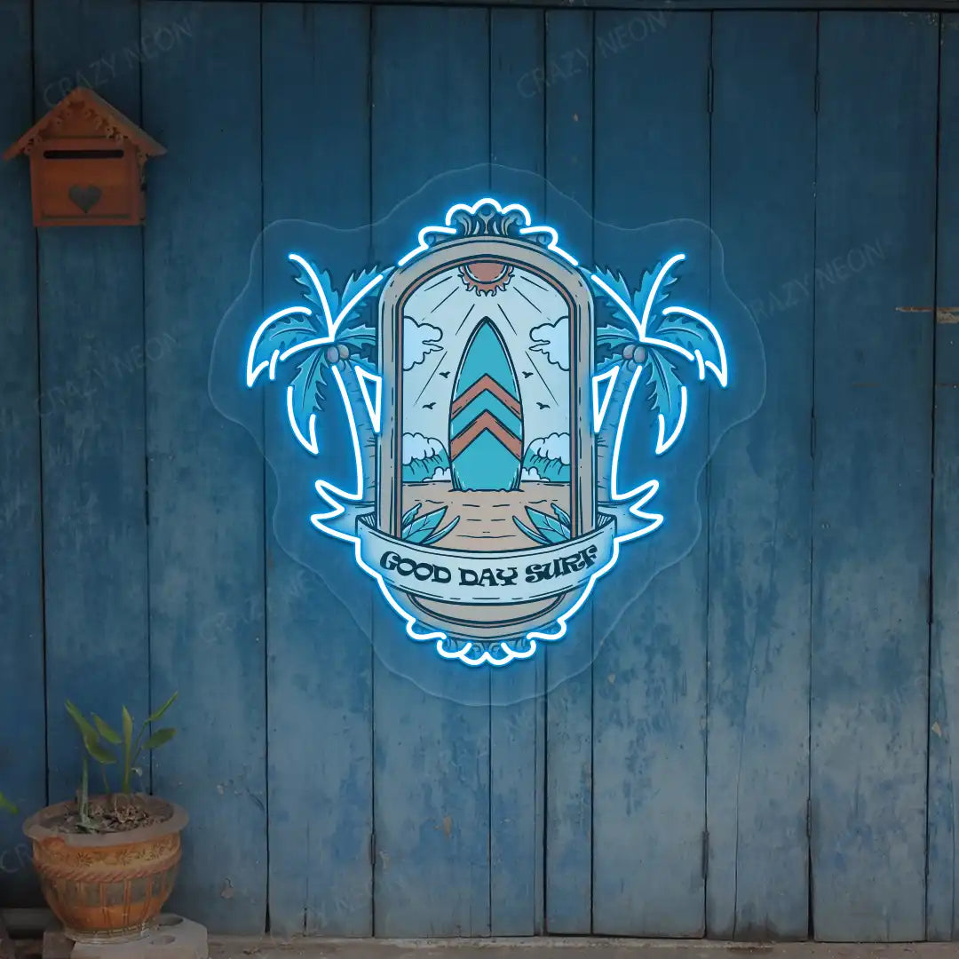 ice blue good day surf beach neon artwork mounted on a wall